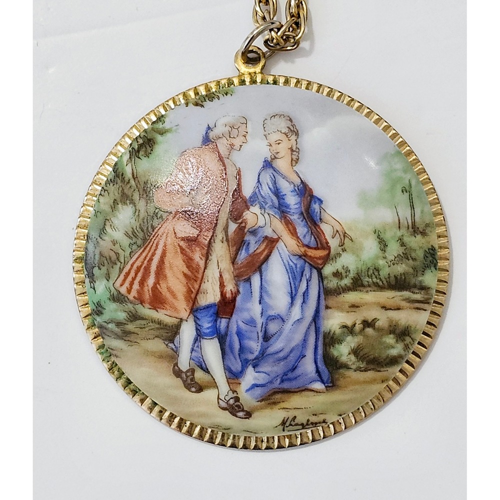 Vintage MCM Victorian Revival Limoges Painted Porcelain Pendant Necklace